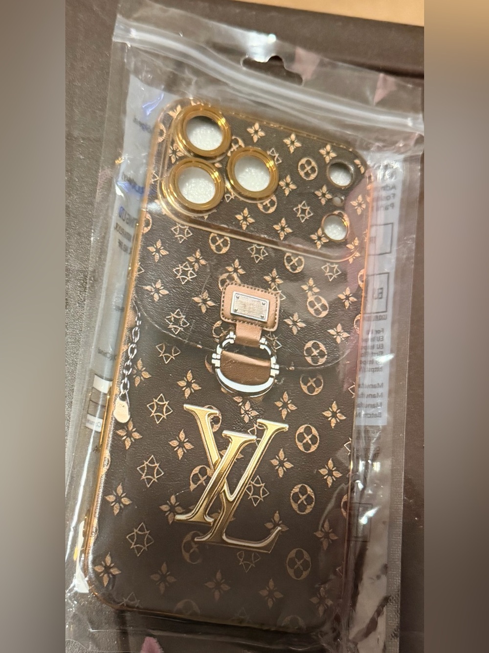 Luxury-Inspired Brown & Gold Phone Case with Ring Grip NWT A100